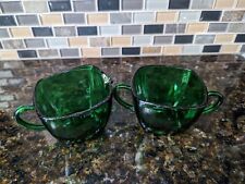 Anchor Hocking Fire King Forest Green Square Cream & Sugar Bowl Set Christmas 
