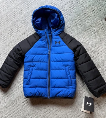 UNDER ARMOUR Blue & Black Puffer Hooded Winter Jacket Sz 4 Boy MRSP $75 - Image 1 of 4
