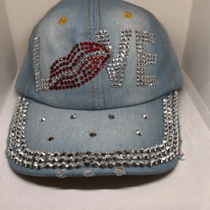 Bling Love Rhinestone Denim Distressed Adjustable Baseball Cap - Picture 1 of 4