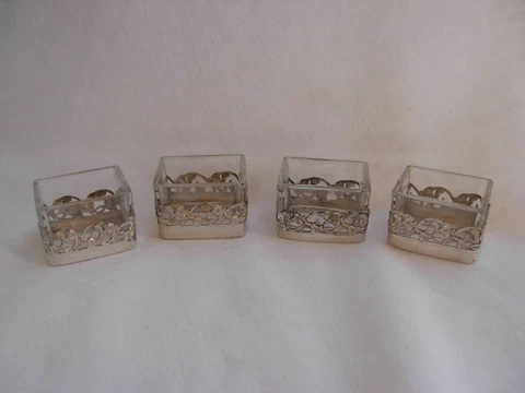 ANTIQUE FRENCH STERLING SILVER CRYSTAL SALT CELLARS,SET OF 4,IRIS PATTERN Cover