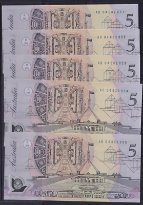 AUSTRALIAN BANKNOTES: 1992 - 5 CONSECUTIVE $5 FRASER / COLE POLYMER .... #90 - image 1 of 2