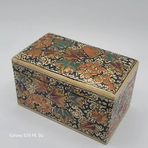Vintage India Kashmir Papier Mache Lacquer Playing Card Holder Yellow Tree Bird - Picture 1 of 14