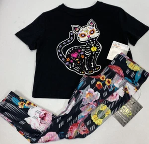 Girls Outfit Leggings Tee Size XS (4/5) Glitter Cat Halloween Floral Pockets - Picture 1 of 8