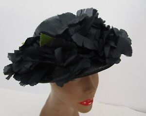 Vintage 1950s Black Sisal Straw Hat Silk Flowers Wedding Sun Derby Church Easter