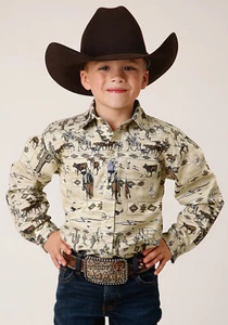 Roper Boys Vintage Postcard Brown 100% Cotton L/S Shirt - Picture 1 of 4