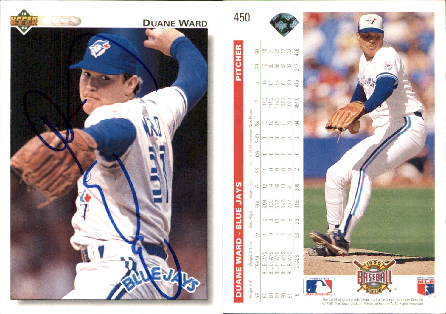 Duane Ward Signed 1992 Upper Deck #450 Card Toronto Blue Jays Auto AU