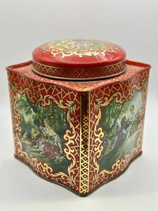 Vintage Daher Lidded Tin Red Gold Courting Couples 4.25" - Picture 1 of 6