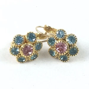 Orecchini Joan Rivers fiore blu rosa centro cristallo goccia tono oro strass - Foto 1 di 4