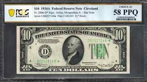 $10 1934-A FRN, Fr. 2006-D* Scarce Cleveland Star PCGS-B Ch AU 58PPQ - Picture 1 of 3