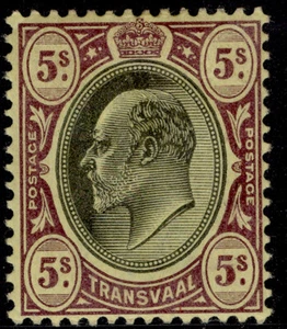 SUDÁFRICA - Transvaal EDVII SG254, 5s negro y púrpura/amarillo, M COMO NUEVO. Cat £45. - Imagen 1 de 1