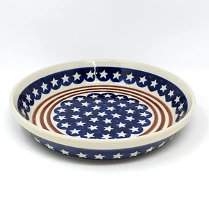 Blue Rose Boleslawiec Hand Made Polish Pottery Stars & Stripes Pie Plate 9 1/2" - Picture 1 of 4