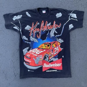 VTG Nascar Shirt Mens L Black Ken Schrader Budweiser 1995 Racing AOP Made In USA - Picture 1 of 6