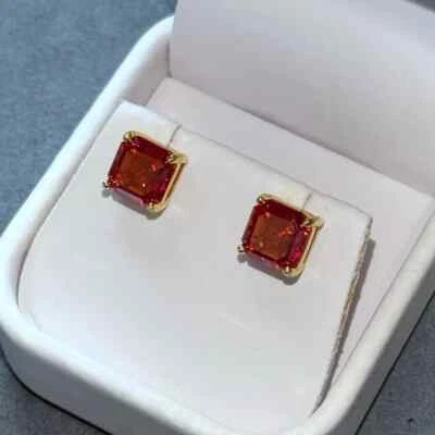 2CT Asscher Cut Lab Created Diamond Red Ruby Women's Stud 14K Yellow Gold Plated - Image 1 of 4