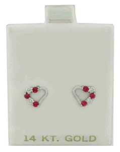 LAB CREATED RUBY & WHITE SAPPHIRES HEART STUD EARRINGS 14K WHITE GOLD SB NWT - Picture 1 of 3
