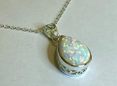  Огненный опал груши падение подвеска ожерелье из чистого серебра Trellis ажурный 18» цепочка - Изображение 1 из 4