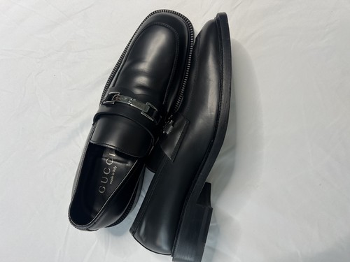Autentico mocassino da uomo Gucci argento Horsebit in pelle nera US11