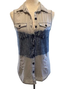 Vtg Y2K Sleeveless Denim Shirt Dip Dye Bleach Sz L 11/12 Fits Like Sz S Thrill - Picture 1 of 12