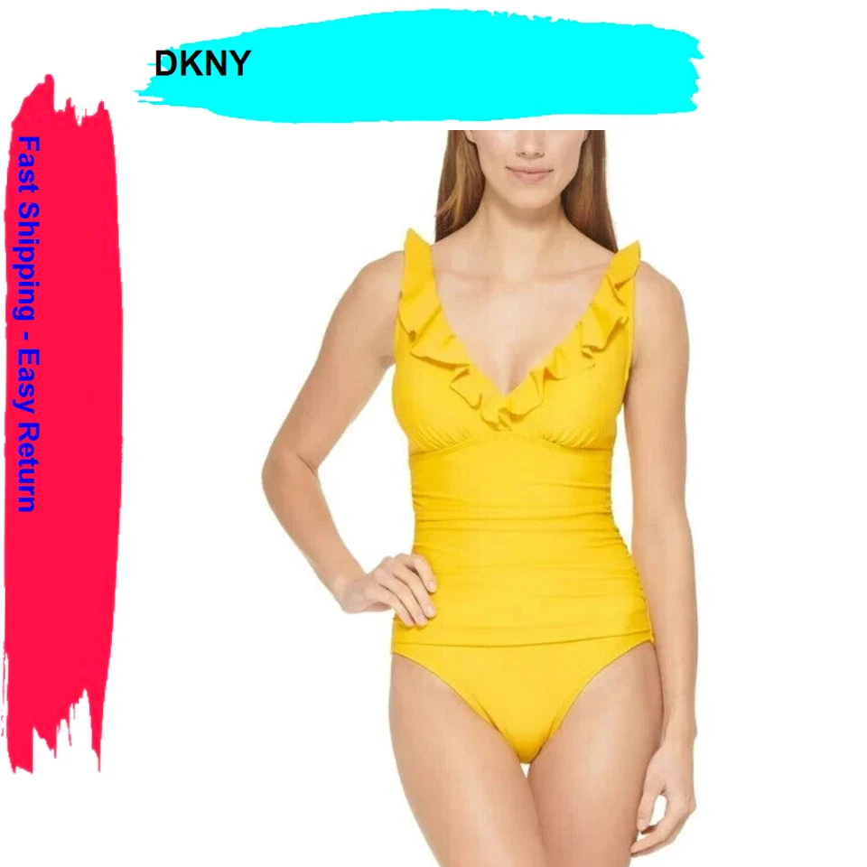 Dkny Ruffle Plunge Underwire Tummy Control One-Piece Swimsuit Yellow 6