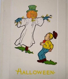 Halloween Postcard Fantasy Scarecrow Goblin Pumpkin Scares Boy Gibson Unused - Picture 1 of 3