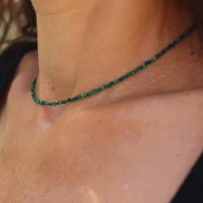 Natural Faceted Genuine Malachite Stone Beads Choker Dainty Minimalist Necklace - Image 1 of 3
