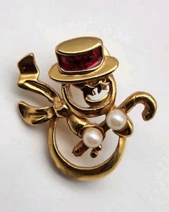 VTG Avon Christmas Snowman Top Hat Cane Faux Pearl Red Enamel Gold Tone Pin - Picture 1 of 2