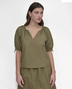 DKNY Bungee Puff Sleeve Perforated Tech Top Utility Olive Green Size M - Picture 1 of 11