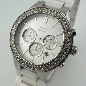 DKNY Quartz Watch White Ceramic Silver Rhinestone Chronograph New Battery 6.25" - Picture 1 of 6