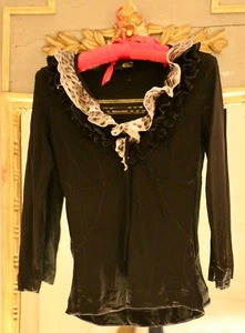 JUST CAVALLI LEOPARD SILK CHIFFON TRIM, BLACL SILKY VISCOSE WOMEN'S TOP S 40 - Picture 1 of 4