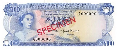 Bahamas  $100   Act. 1968  P 33s  Series  A  Uncirculated Banknote QZ13 - Image 1 of 2