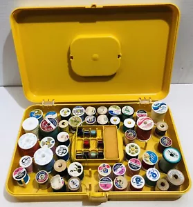 Vintage Sewing Thread Spool Case w/ 46 Spools Of Thread Yellow Plastic - Picture 1 of 7