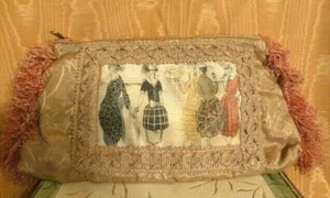 "1930's Fashion" Pulvermacher Designs Elongated Fabric Clutch, Pink Fringe Trim - Picture 1 of 10