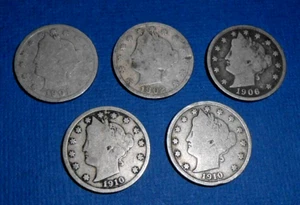 5 LIBERTY V NICKLE COINS 1901, 1902, 1906, 2- 1910 FROM ESTATE $2.69 - Picture 1 of 4