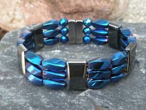 Mens Womens 100% Magnetic Therapy Hematite BLUE n BLACK Bracelet Anklet 3 Row