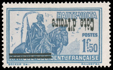 IVORY COAST 1933 1.50fr INVERTED OVERPRINT ON UPPER VOLTA MINT #109a well-center Cover
