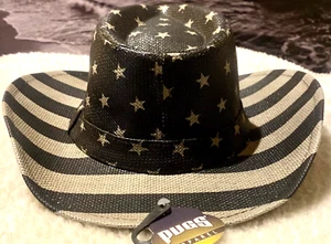 Shapeable Black American Flag Straw Hat – Cowboy -Style Patriotic Sun Summer Fun - Picture 1 of 10