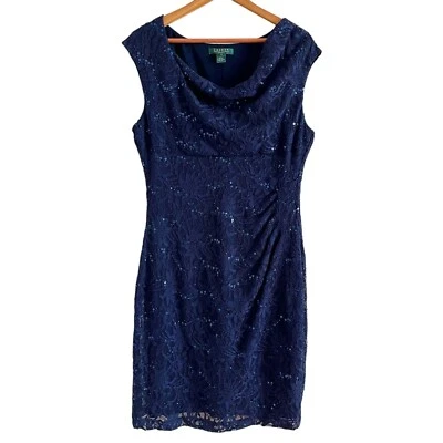 Lauren Ralph Lauren Sequin Lace Ruched Dress Sz 16 Evening Party Holiday Elegant - Image 1 of 4