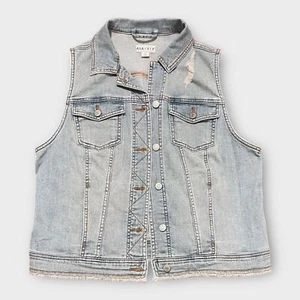 Ava Viv Jean Vest Jacket Womens 1X Button Down Denim Plus Size Distressed - Picture 1 of 4