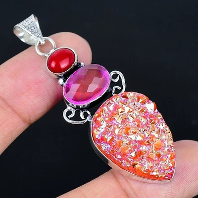 Colgante hecho a mano naranja titanio druzy chapado en plata 925 de 2,56" Foto 1 de 3