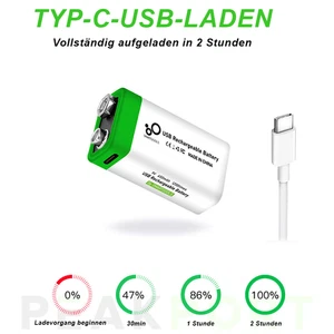 Wiederaufladbare 9V Batterie Ionen Akku USB Typ C Schnellladekabel - Bild 1 von 3