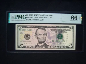 $5 Federal Reserve Note Series 2013 FR1996-L San Francisco MLL Block - Picture 1 of 2
