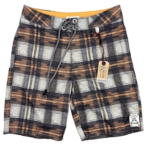 3rd & Army Mens Plaid Board Shorts With Drawstring & Button Fly Orange/Black 32 - Picture 1 of 12