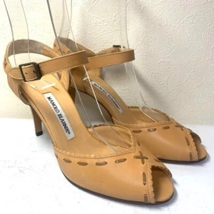MANOLO BLAHNIK Leather Mule Pumps Sandals Open Toe Light Brown Size 37/US7 - Picture 1 of 9