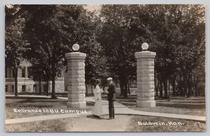 Kansas (KS) View RPPC Postcard: Entrance to B. U. (Baker Uni.) Campus, Baldwin - Picture 1 of 2