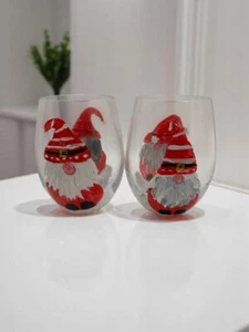 Gnome Hand Painted Set Of Two Stemless Wine Glass - Picture 1 of 4