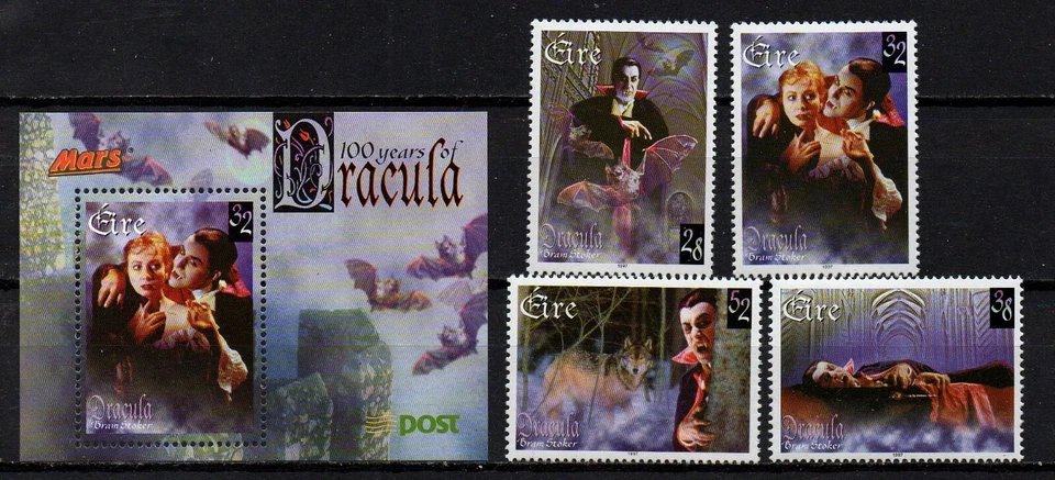 IRLANDA SCOTT # 1086-1089 Y 1087A, MNH CONJUNTO DE 4 SELLOS Y HOJA DE RECUERDO DRACULA Foto 1 de 1