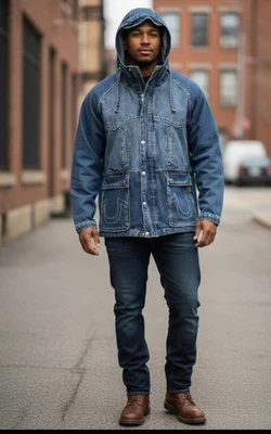 Chaqueta vaquera con capucha True Religion Trucker de colección para hombre 2XL grande T RARA Parka Foto 1 de 4