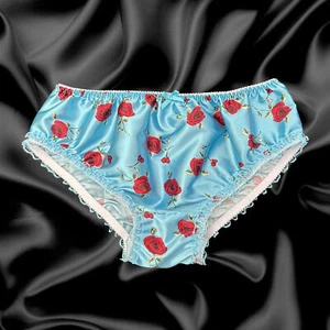 Aqua Blue Satin Floral Frilly Sissy Full Cut Panties Briefs Knicker Sizes10-20 - Picture 1 of 5