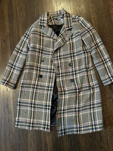 Eva Franco Anthropologie Plaid Long Coat Beige Green Double Breast Jacket XSmall - Picture 1 of 6