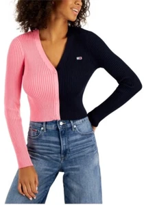 Tommy Jeans Damen Colorblock V-Ausschnitt Pullover Pullover Pfingstrose Combo Größe Medium - Bild 1 von 2