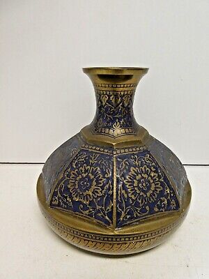 Old Eastern Persian Design Floral Blue Embossed Enamel Brass Vase Urn • 75$